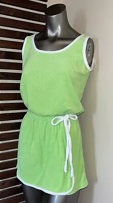 1980s Vintage Green Terry Cloth Shorts Skort Romper W/ White Trim Swim Coverup • $50