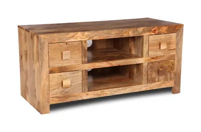 Solid Mango Wood Light Dakota 4 Drawer Media Unit New Indian Furniture • £314.95