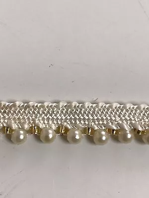 £2.50 • Buy INDIAN SMALL CREAM PEARL And GOLD BEADS On WHITE RIBBON LACE TRIM- SOLD By METRE