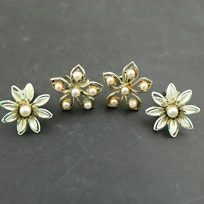 Clip On Earrings Metal With Central Faux Pearl 2 Pairs Vintage 60s / 70s • £7.95