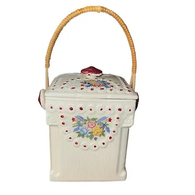 Vintage Mepoco Cookie Biscuit Jar Hand Painted Flowers W/ Rattan Wicker Handle • $44.95