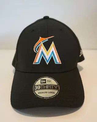 New Era Miami Marlins MLB Hat Team Classic 39THIRTY Medium/Large Flex Black Cap • $22.99