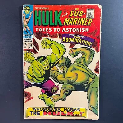 Tales To Astonish 91 KEY Silver Age Marvel 1967 Hulk Abomination Stan Lee Comic • $24.95