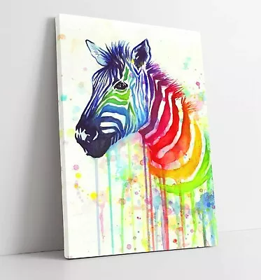 Rainbow Zebra -deep Framed Canvas Wall Splash Art Picture Paper Print- Red Blue • £19.99