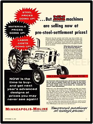 1956 Minneapolis Moline Model 445 Tractor Ad 9  X 12  Metal Sign • $14.99