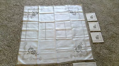 Vintage Bridge Table Card Table Linen & Lace Tablecloth   W/ 4 Napkins Taupe • $10