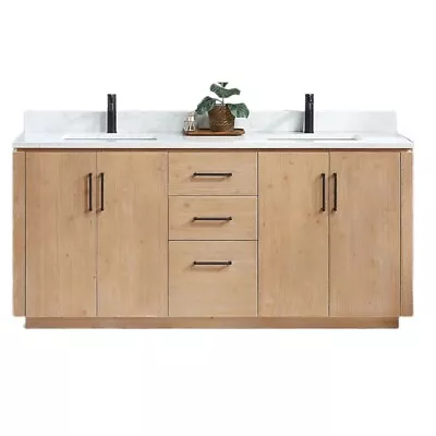 Vinnova San 72  Double Sink Wood Bath Vanity With Grain Stone In Brown/White • $1869.66