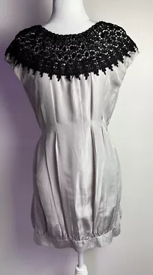 Miguelina ~ Women’s Gray 100% Silk Lace Trim Yolk Neck Belted Midi Dress Size S • $28.95