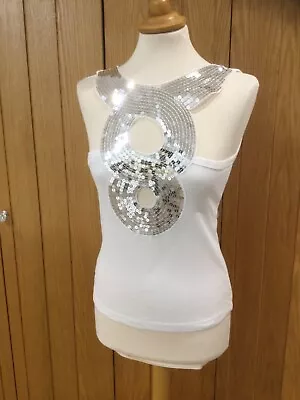 £4 • Buy Top Miss Fiori 12 White With Sequin Circles Sleeveless 100% Cotton 