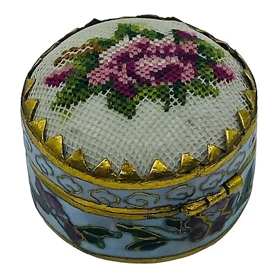 Vintage Cloisonne Brass Enamel Embroidered Pill Box White Pink Green Gold Floral • $39.99