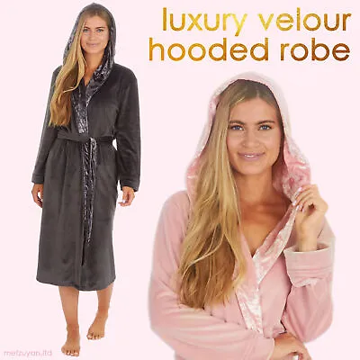 Ladies Long Dressing Gown Island Fleece Crushed Velvet Velour Contrast Robe 8-22 • £24.29