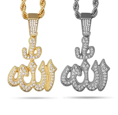 Hip Hop Iced Allah Muslim Cubic Zirconia Pendant 24  Rope Chain Bling Necklace • $12.99