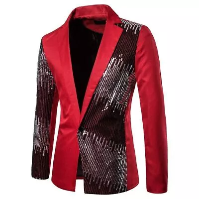 Shiny Black Suit Coats Men Slim Fit Single Button Blazer Jacket Mens Party • $79.01
