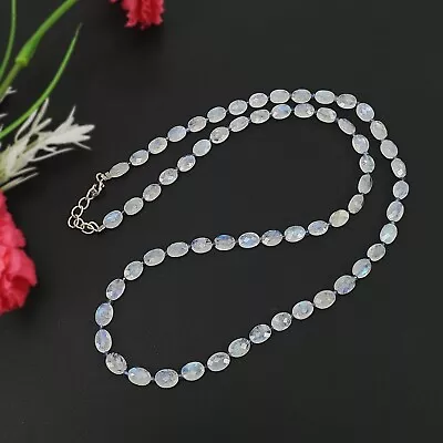 Rainbow Moonstone & Blue Sapphire Beads 925 Sterling Silver Faceted Necklace • $165.88