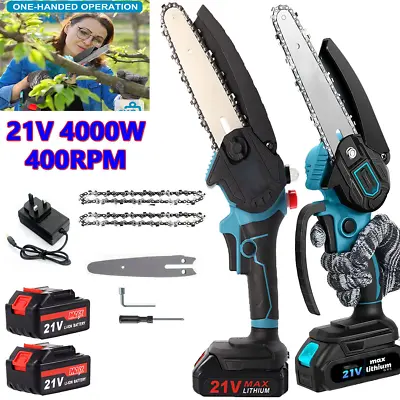 2 Batteries 8'' 4000W Mini Cordless Chainsaw Electric One-Hand Saw Wood Cutter • £22.99