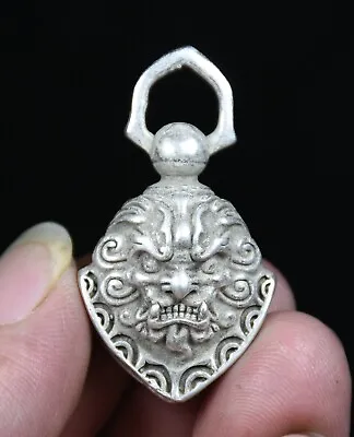 4.5CM Old China Miao Silver Feng Shui Foo Dog Lion Head Necklace Pendant Bell • $15