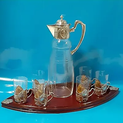 Edwardian 800 German Silver Rose Cut Glass Pitcher W/ Glasses & Cherry Wood Tray • $1499.99