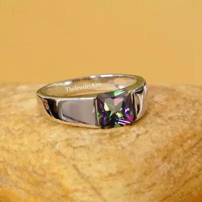 Natural Mystic Topaz Men Statement Ring Rainbow Topaz Emerald Cut Men Ring • $41.39