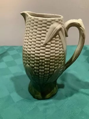 UnusualVict. Majolica Two-Tone Corn Cob Milk Pitcher 8 5/8  Tan & Green Marked H • $15