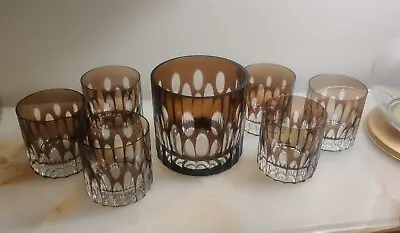Mid Century Modern Set Of 6 Cut To Clear Whiskey Glasses With Ice Bucket • $250