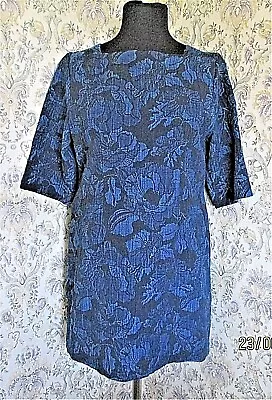 Tapestry Like Embossed Cotton Rich Floral Dress By MNG Blue Shades EUR L Size 14 • £6.39