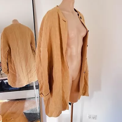 Zara Basic Long Jacket Size L Womens Linen Orange Cotton Coat Lined Button Up • $24.95