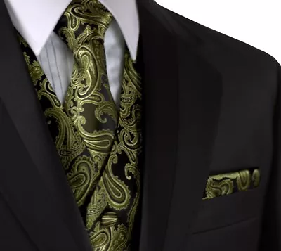 Men's Olive Paisley Formal Dress Tuxedo Vest Tie & Hankie Set. Wedding Prom • $24.89