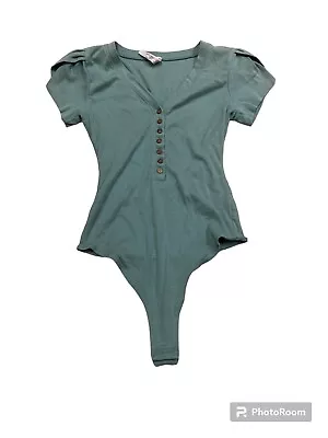 Free People Intimately Women XS Bodysuit Short Sleeve Button V Neck Green Blue • $22.99