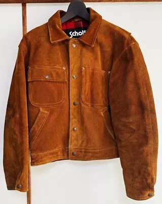 Schott Suede Trucker Jacket Size 38 Brown Leather Check Lining Vintage 80s Rare • $443