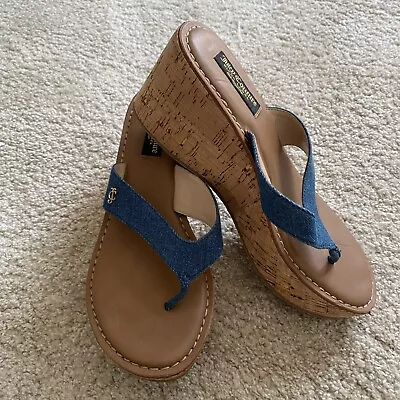 £25 • Buy Y2k 90s Juicy Couture Denim And Wood Wedge Heeled Sandals Shoes
