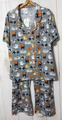 Nite Nite By Munki Munki Grey Cat Halloween Pajama Set Women's 3X Soft Comfy NEW • $23.19