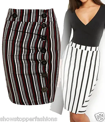 £9.95 • Buy New Button Pencil Skirt Womens Tube Skirts Stripe Ladies Fitted Size 8 10 12 14