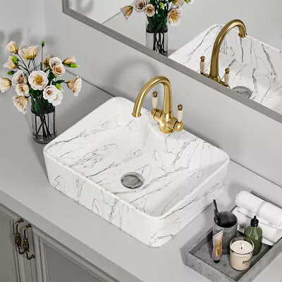 Marble Effect Bathroom Basin Sink Ceramic Bowl Vanity Counter Top Cloakroom Wash • £59.95