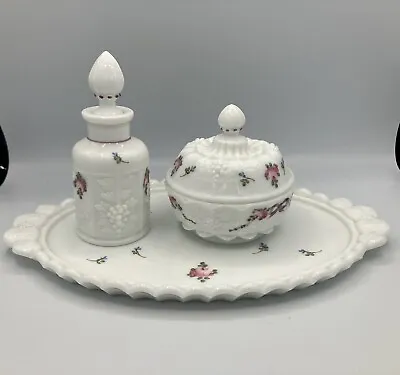 Westmoreland Milk Glass Vanity Dresser Set Roses And Bows 5 Piece Set Marked • $61