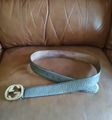 Used Men Gucci Interlocking GG Gray & Brown Leather Belt Sz 90 - 36 Model 411924 • $242