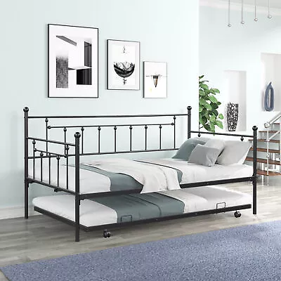 Twin Day Bed With Trundle Bed Metal Daybed Frame Steel Slat Sofa Bed Teens Adult • $222.99