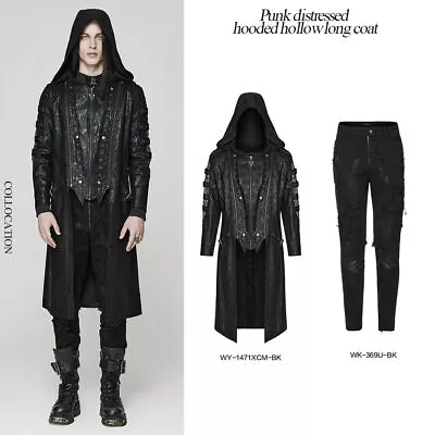 Punk Rave  Rapper Rock Long Coat Men Black Zipper Pu Leather Long Hooded Jacket • $232.17