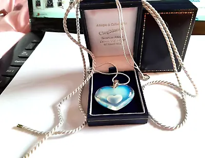 Lalique -beautiful Opalescent Pendant Large Heart Silver Chain Silk Cord  - New • £195