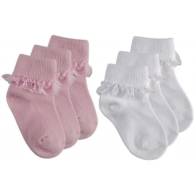 Baby Girls Frilly Lace Ankle Socks Pink White Newborn To 24 Months 3 Pack • £3.95