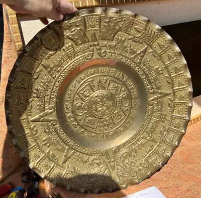 Vintage Large Round Hand Embossed Brass Chager Plate Dish Mayan Art Sun Calendar • $123.75