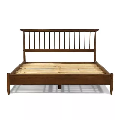 Mid Century Modern Platform Bed Frame Headboard Queen Solid Wood Walnut Brown • $649.99