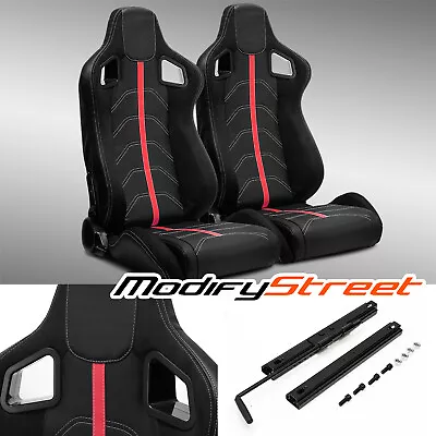 2 X BLACK PVC LEATHER/RED STRIP/White STITCH LEFT/RIGHT RACING CAR SEATS • $279.98