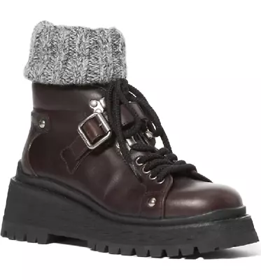 Miu Miu Prada Brown 5u184c Leather Belted Buckle Studs Knit Sock Combat Boots 41 • $475