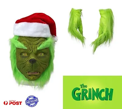 The Grinch Full Head Latex Mask Wig W/ Xmas Hat & Gloves Set Christmas Costume • $29.95