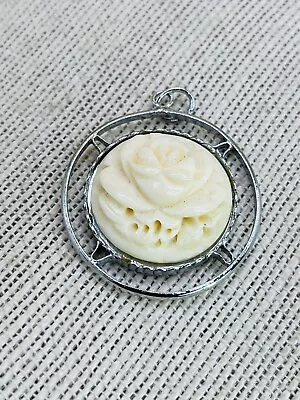 Vintage Carved Celluloid Rose And Abalone Reversable Pendant 1.75  • $15