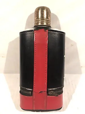 Flask With Leather Case Red And Black & Whiskey Vintage Glass Bottle • $25.27