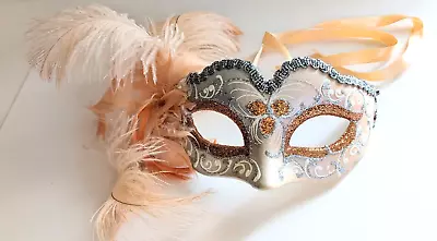 Handcrafted Venetian Masquerade Mask Glitter Feathers From Venice Peach Pink • $43