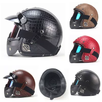 Vintage Leather Motocycle Helmet Handmade  3/4 Face MaskClassical DOT W/mask • $63.87