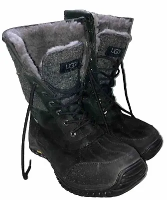 UGG Adirondack II Wool Boots Black Leather Gray Shearling Waterproof Wmns 8.5 • $98.99