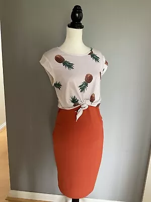 Orange/White Mix Pineapples Pattern Cap Sleeve Round Neck Maternity Midi Dress S • £3.99